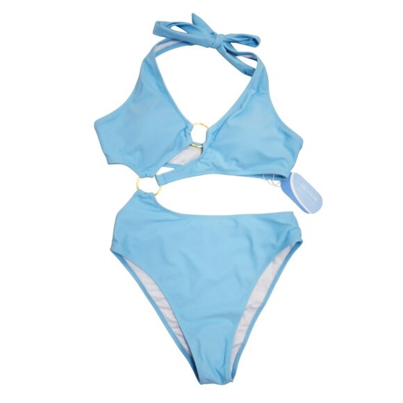 One-Shoulder Cutout Sky Blue Bikini Set Gold Ring Womens Swimwear Size S - Picture 1 of 7